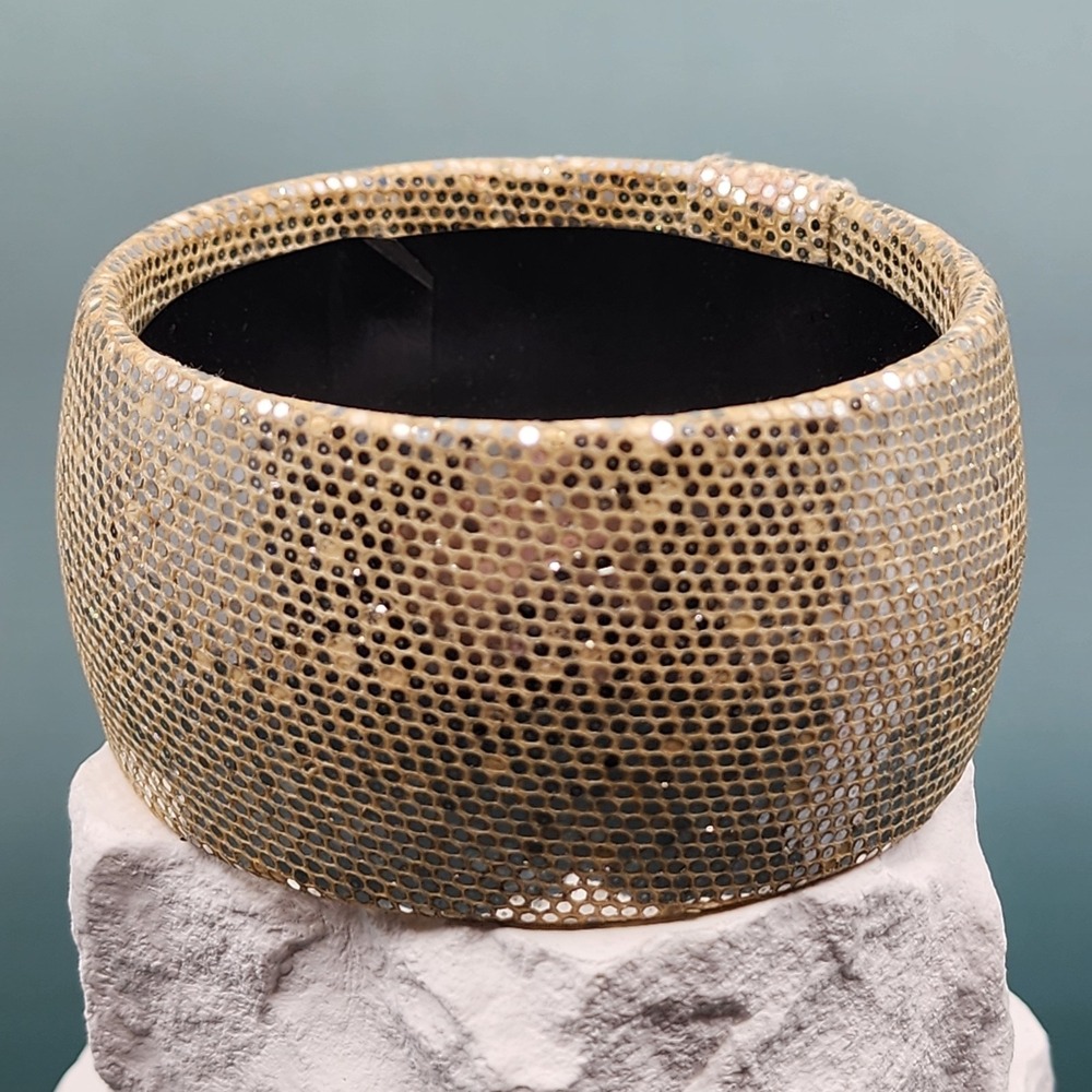 Gold Tone Textured Mesh Cuff Bracelet Wide Chunky Statement Sparkle Bangle Bold